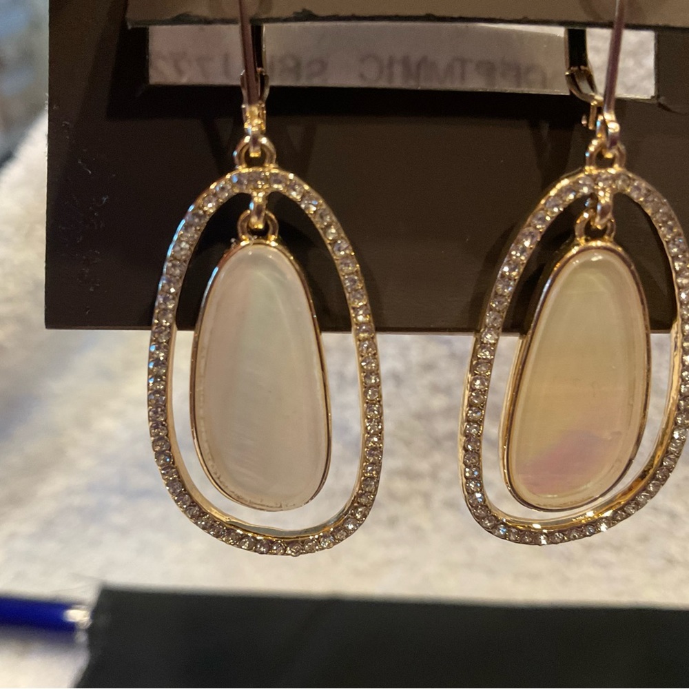 Earrings, Anne Klein Crystal Orbital Drop Earrings, White/Gold tone, NWT - Picture 4 of 8
